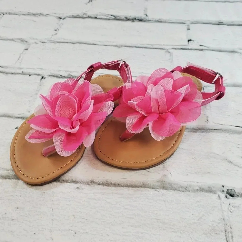 Vibrant Pink Flower Sandals. Toddler Girls Summer Shoes.